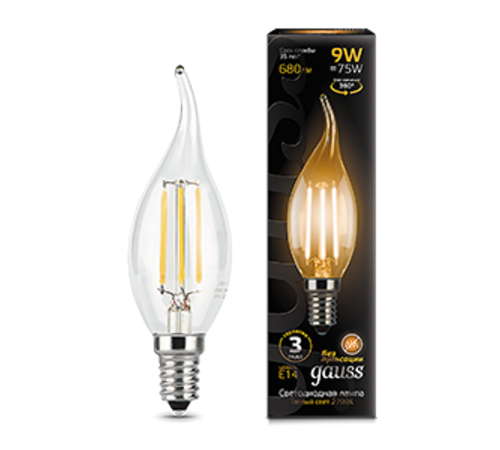 Лампа светодиодная LED 9Вт E14 2700K Filament Candle (свеча) tailed  104801109  Gauss