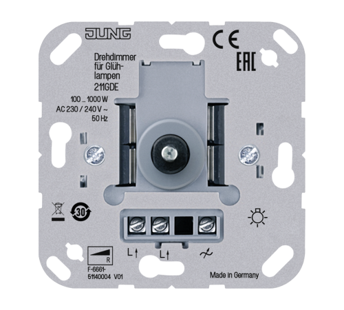Роторный диммер для ламп накаливания 230V, 100 ... 1000W, с нажимным включением; универсальные встраиваемые механизмы  211GDE  Jung