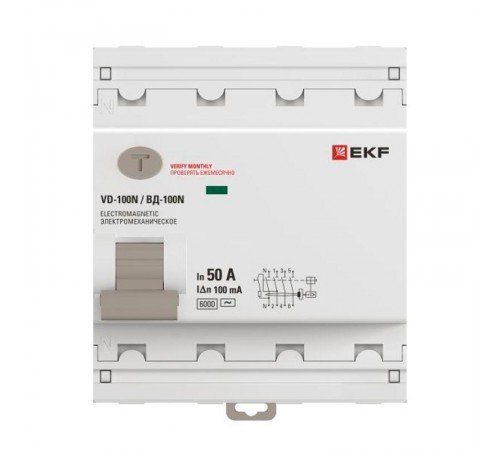 Выключатель дифференциального тока ВД-100N 4P 50А 100мА тип AC эл-мех 6кА PROXIMA EKF  E1046M50100  EKF