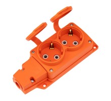 Розетка (колодка) влагозащищенная с крышкой 2 гнезда COMPACT, с/з, 16А, IP54, каучук, оранжевая  111-226  REXANT