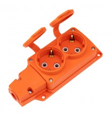 Розетка (колодка) влагозащищенная с крышкой 2 гнезда COMPACT, с/з, 16А, IP54, каучук, оранжевая  111-226  REXANT