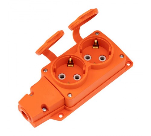 Розетка (колодка) влагозащищенная с крышкой 2 гнезда COMPACT, с/з, 16А, IP54, каучук, оранжевая  111-226  REXANT