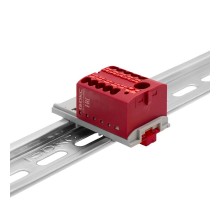 Блок распределительный с верт. адапт. на рейки шириной 15/35мм, зажим push-in, 1 ввод 6 кв.мм, 10 точки подкл. 2,5 кв.мм, красный  DTP1-110-104SPUR-V