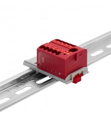 Блок распределительный с верт. адапт. на рейки шириной 15/35мм, зажим push-in, 1 ввод 6 кв.мм, 10 точки подкл. 2,5 кв.мм, красный  DTP1-110-104SPUR-V