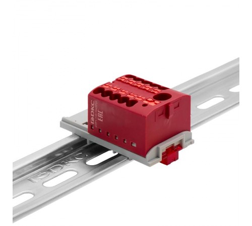 Блок распределительный с верт. адапт. на рейки шириной 15/35мм, зажим push-in, 1 ввод 6 кв.мм, 10 точки подкл. 2,5 кв.мм, красный  DTP1-110-104SPUR-V