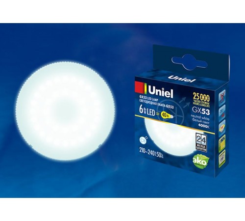 Лампа светодиодная LED-GX53-6W/NW/GX53/FR PLZ01WH LED, матовая. .  UL-00001669  Uniel