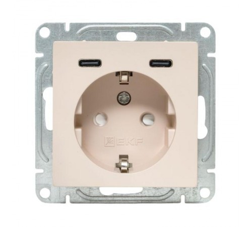 Механизм розетки с USB-C - 2шт, 16А, с заземлением, со шторками, кремовый Эпика  UP1-SOI-111-2USBC EKF