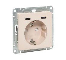 Механизм розетки с USB-C - 2шт, 16А, с заземлением, со шторками, кремовый Эпика  UP1-SOI-111-2USBC EKF