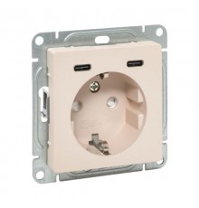 Механизм розетки с USB-C - 2шт, 16А, с заземлением, со шторками, кремовый Эпика  UP1-SOI-111-2USBC EKF