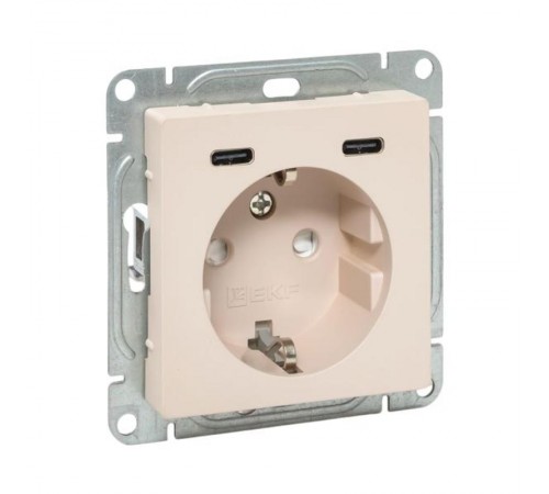 Механизм розетки с USB-C - 2шт, 16А, с заземлением, со шторками, кремовый Эпика  UP1-SOI-111-2USBC EKF