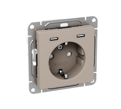 Механизм розетки с USB-C - 2шт, 16А, с заземлением, со шторками, кремовый Эпика  UP1-SOI-111-2USBC EKF