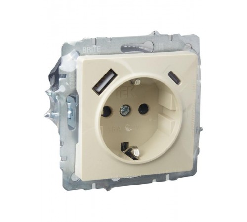 BRITE Розетка с заземлением со шторками 16А с USB A+C 18Вт РЮш11-1-БрКр бежевый  BR-R14-16-U22-018-K10  IEK