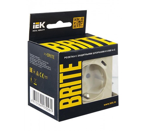 BRITE Розетка с заземлением со шторками 16А с USB A+C 18Вт РЮш11-1-БрКр бежевый  BR-R14-16-U22-018-K10  IEK