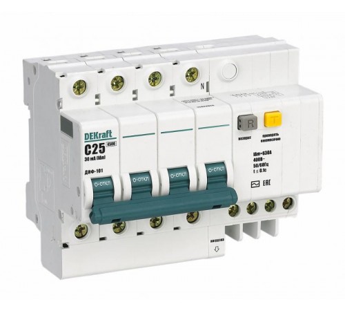 Выключатель автоматический дифференциального тока со встроенной защитой от сверхтоков ДИФ-101 4Р 50А 30мА AC D  15180DEK  DEKraft