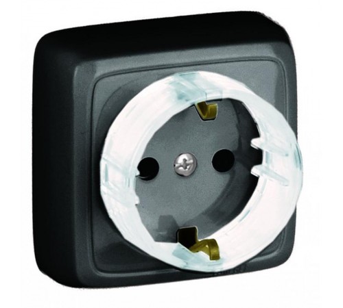 Розетка открытой установки, одноместная, с заземляющим контактом, с изолирующей пластиной, цвет черный  РА16-173-08  HEGEL