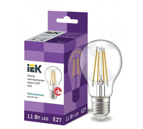 Лампа светодиодная A60 груша прозрачная 11Вт 230В 4000К E27 серия 360°  LLF-A60-11-230-40-E27-CL  IEK