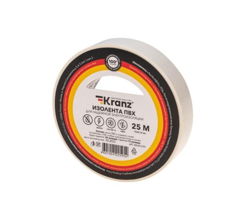 Изолента ПВХ 0.13х15 мм, 25 м, белая  KR-09-2101  Kranz