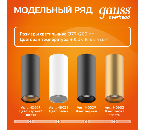 Светильник светодиодный декоративный бытовой HD012 12W (белый золото) 3000K 79x200мм  HD012  Gauss