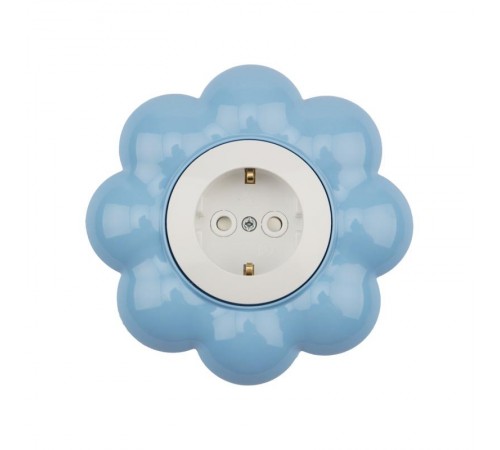 Розетка одноместная HAPPY Цветок скрытой установки, с заземлением и защитными шторками, белая/голубая  KR-78-0628  Kranz