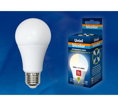 Лампа светодиодная LED-A60-9W/WW+NW/E27/FR PLB01WH LED. "груша", матовая. серия Bicolor. .  UL-00001569  Uniel