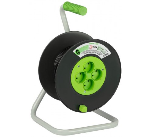 Удлинитель силовой ЭРА GREEN LINE KAT-2x0.75-20m Greenline на катушке пластик 4 розетки без заземления 20м ПВС 2x0.75мм2   Б0065069  ЭРА