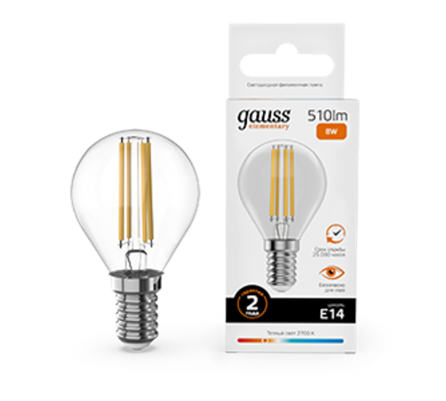 Лампа светодиодная   Filament Elementary Шар 8W 510lm 2700К Е14 LED 1/10/100  52118  Gauss