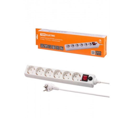 Сетевой фильтр СФ-06В выключатель, 6 гнезд, 5 метров, с/з, ПВС 3х0,75мм2 10А/250В белый  SQ1304-0021  TDM