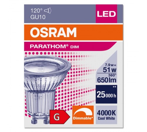 Лампа диммируемая светодиодная PARATHOM PAR51 650лм 7,9Вт 4000К GU10 колба PAR51 120° прозр стекло 220-240В  4058075608979  OSRAM