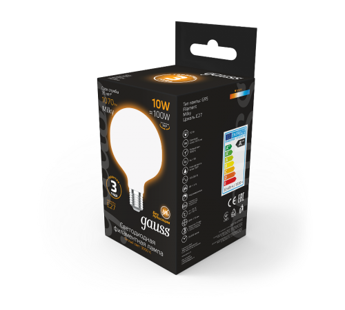 Лампа светодиодная Filament G95 10W 1070lm 3000К Е27 milky LED 1/20  189202110  Gauss