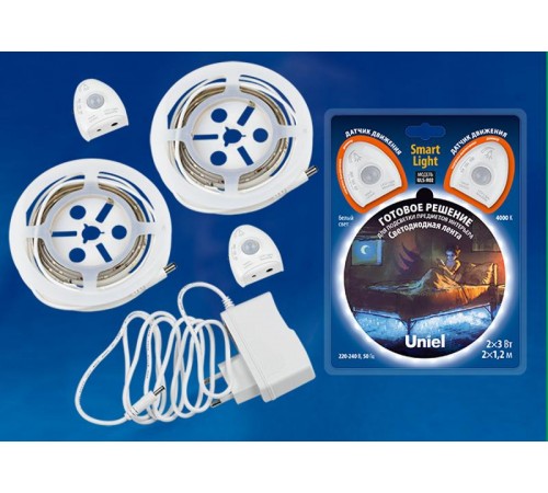 Комплект светодионая лента 2шт х 1,2м IP65 нейтр белый свет 4000К, адаптер 12Вт, IP20, в/к ULS-R02-6W/4000K/1,2Mx2/DIM SENSOR Smart Light  UL-0000444