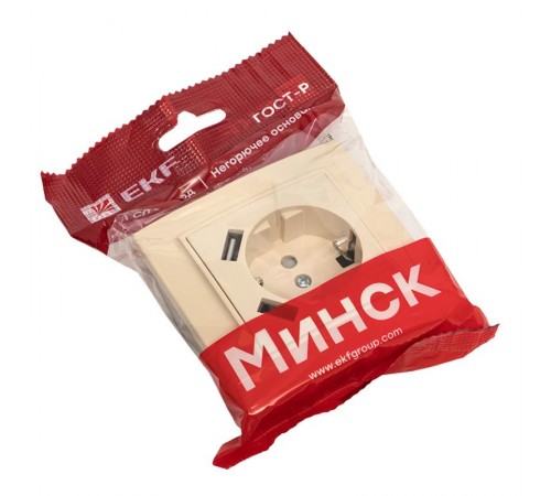 Минск Розетка 1-местная СП с/з 16А бежевая с защ. штор. с 2 USB 2,1А  ERR16-028-200-2USB  EKF