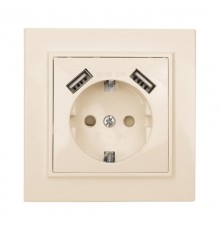 Минск Розетка 1-местная СП с/з 16А бежевая с защ. штор. с 2 USB 2,1А  ERR16-028-200-2USB  EKF