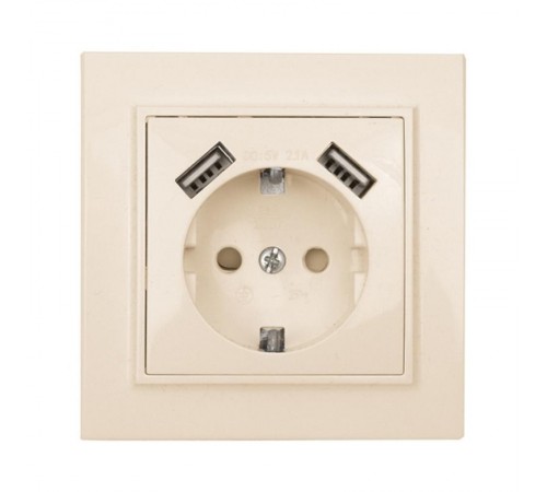 Минск Розетка 1-местная СП с/з 16А бежевая с защ. штор. с 2 USB 2,1А  ERR16-028-200-2USB  EKF