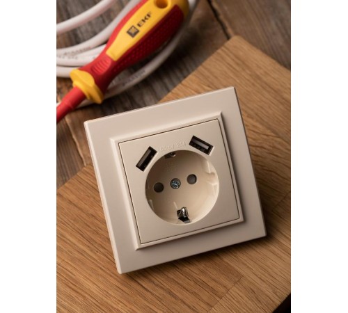 Минск Розетка 1-местная СП с/з 16А бежевая с защ. штор. с 2 USB 2,1А  ERR16-028-200-2USB  EKF