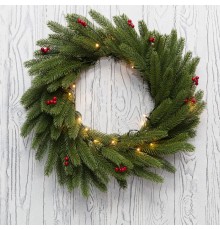 Еловый венок с ягодами и гирляндой  45 см, 20 LED, 2 х АА, литой, теплое белое свечение  307-150  NEON-NIGHT
