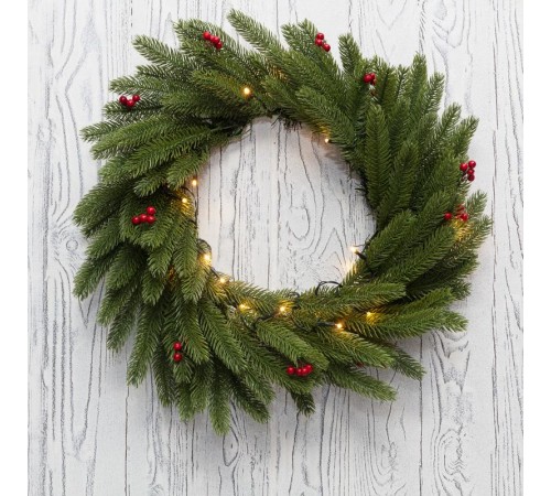 Еловый венок с ягодами и гирляндой  45 см, 20 LED, 2 х АА, литой, теплое белое свечение  307-150  NEON-NIGHT