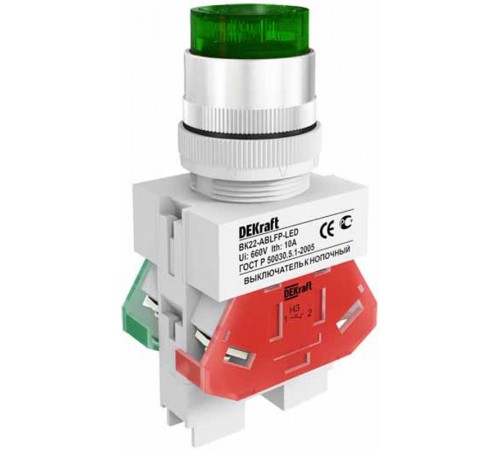 Выкл. кноп. ABLFP 22 мм Цвет:ЗЕЛЕНЫЙ LED 220В ВK-22 a  25026DEK  DEKraft
