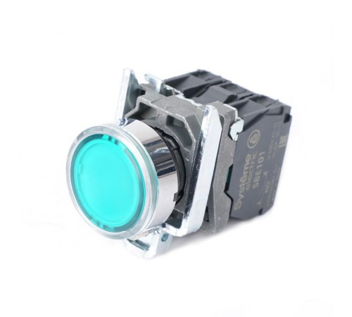 Кнопка SB4 с подсветкой в сборе модульная 22мм зеленая металл 24ВDC 1НО+1НЗ  SB4BW33B5  SE