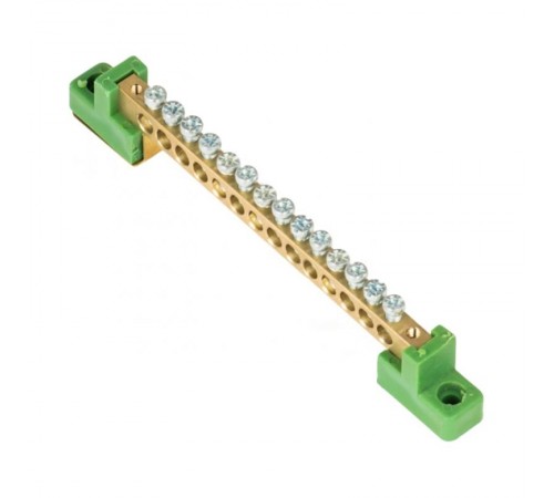 Шина "0" PE 6x9мм 14 отверстий латунь с контактной пластиной 2 зелёных угловых изолятора EKF PROximasn0-63-14-2-peEKF
