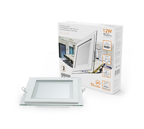 Светильник светодиодный квадратный с декоративным стеклом,160х160х30, O118x118 12W 3000K, 900 лм  948111112  Gauss