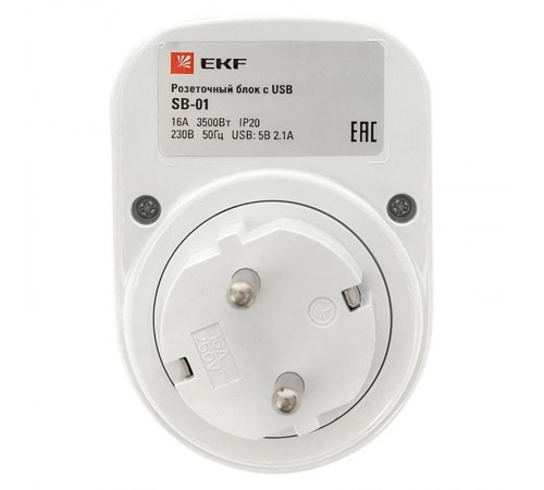 Розеточный блок SB-01 (розетка 2P+E 16А, 2 USB разъема 5V 2,1A) EKF PROxima  SB-01  EKF