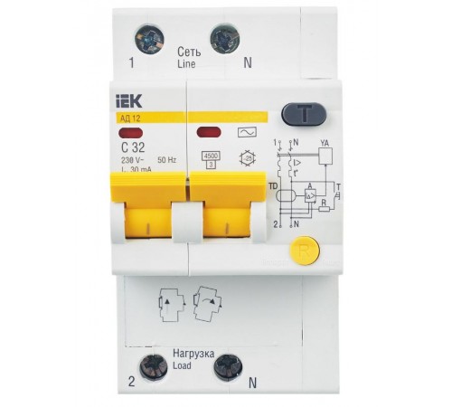 Выключатель автоматический дифференциального тока АД12 2п 32А C 30мА тип AC (3 мод)  MAD10-2-032-C-030  IEK