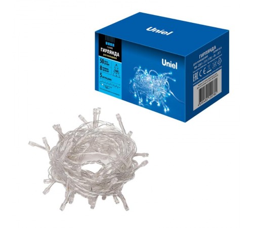 Гирлянда светодиодная  с контроллером  ULD-S0500-050/DTA BLUE IP20   5м. 50 диодов. синий свет. шнур прозр..  UL-00005253  Uniel