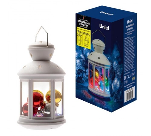 Фонарь с диодов  гирляндой внутри  ULD-L1220-010/DTB/RGB WHITE  на батарейке  10 диодов , RGB свет,режим мигания, белый корпус  UL-00005490  Uniel