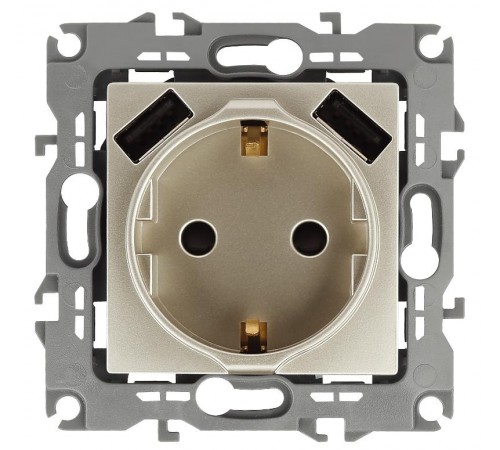 12-4109-04 Розетка с заземлением 16A-250В, штор. с 2xUSB 5В-3А, 12, шампань   Б0047843  ЭРА