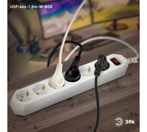 Сетевой фильтр USF-6es-1,5m-W-BOX Сет.фильтр базовая защита, с/з, с выкл, 6гн, 1,5м, ПВС,  Б0037260  ЭРА