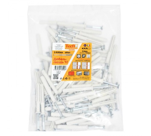 Дюбель-гвоздь YZ потайн. манжета нейлон 8x60 (80 шт)- пакет  147492  Tecfi