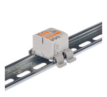 Блок распределительный с гориз. адапт. на рейку шириной 35мм, зажим push-in, 1 ввод 6 кв.мм, 4 точки подкл. 2,5 кв.мм, серый  DTP1-104-104SPUG-H  DK