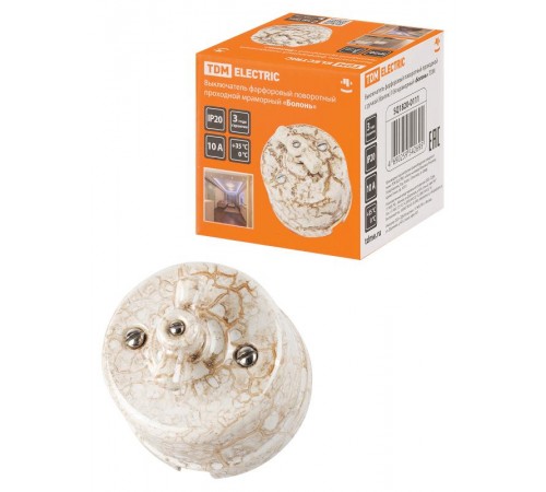 Выключатель фарфоровый поворотный проходной с ручкой (бантик) 10А мраморный "Болонь"  SQ1820-0111  TDM