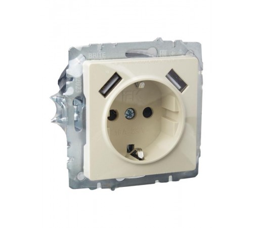 BRITE Розетка с заземлением со шторками 16А с USB A+A 2,1А РЮш10-1-БрКр бежевый  BR-R14-16-U21-D21-K10  IEK